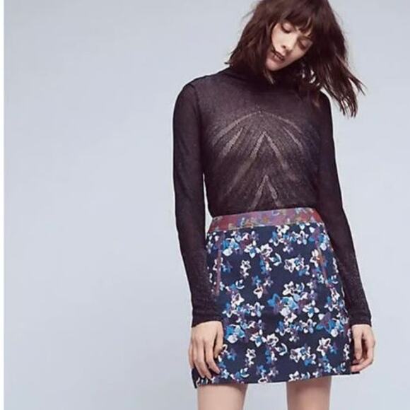 Maeve Anthropologie Cardana Size 0 Blue Jacquard Floral Mini Skirt Y2K Style - Picture 1 of 13